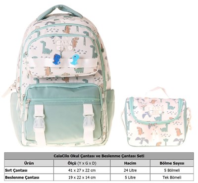 CalaCilo Erkek Çocuk İlkokul Sırt Çantası ve Beslenme Seti - Dinazor Baskılı Yeşil SETCC-C4056B