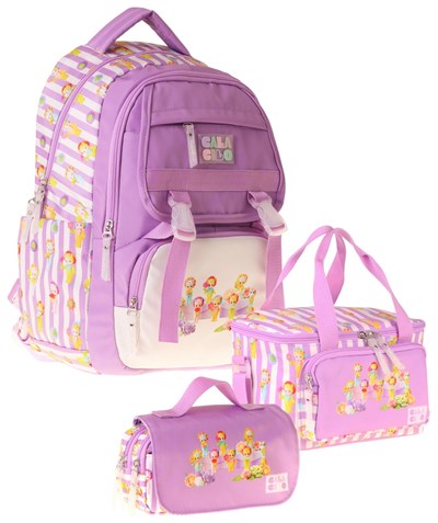 CalaCilo Flowers Baskılı Lila Kız Çocuk Üçlü İlkokul Okul Çantası Seti - SETCC-C4071A