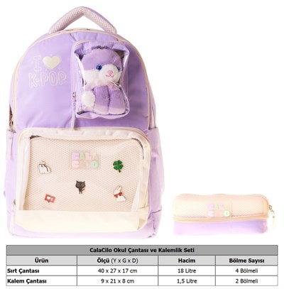 CalaCilo K Pop Lilac Kız Çocuk K-Pop Lilac Peluş Ayı Aksesuarlı Okul Sırt Çantası ve Kalemlik Seti - SETCC-C4104C