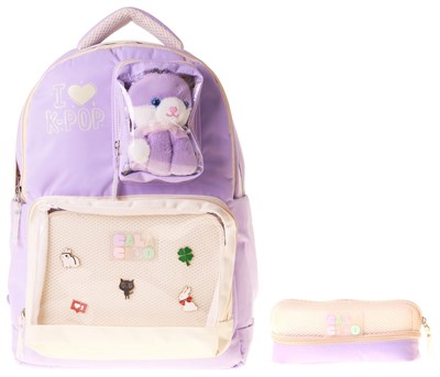 CalaCilo K Pop Lilac Kız Çocuk K-Pop Lilac Peluş Ayı Aksesuarlı Okul Sırt Çantası ve Kalemlik Seti - SETCC-C4104C