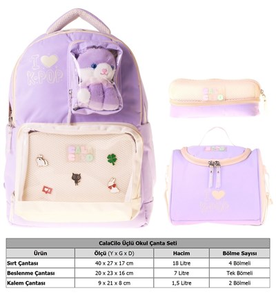 CalaCilo K-Pop Lilac Peluş Ayı Aksesuarlı Lila Kız Çocuk Üçlü İlkokul Okul Çantası Seti - SETCC-C4104A