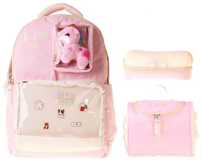 CalaCilo K-Pop Pink Pembe Peluş Aksesuarlı Pembe Kız Çocuk Üçlü İlkokul Okul Çantası Seti - SETCC-C4107A
