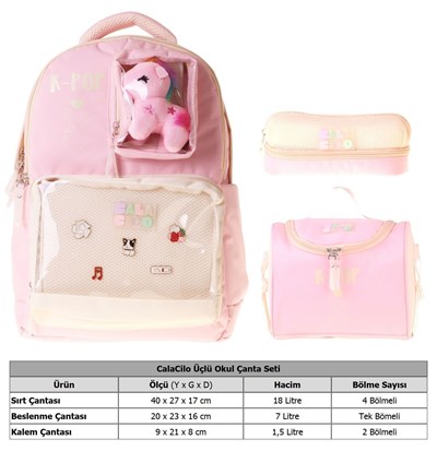 CalaCilo K-Pop Pink Pembe Peluş Aksesuarlı Pembe Kız Çocuk Üçlü İlkokul Okul Çantası Seti - SETCC-C4107A