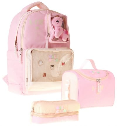 CalaCilo K-Pop Pink Pembe Peluş Aksesuarlı Pembe Kız Çocuk Üçlü İlkokul Okul Çantası Seti - SETCC-C4107A