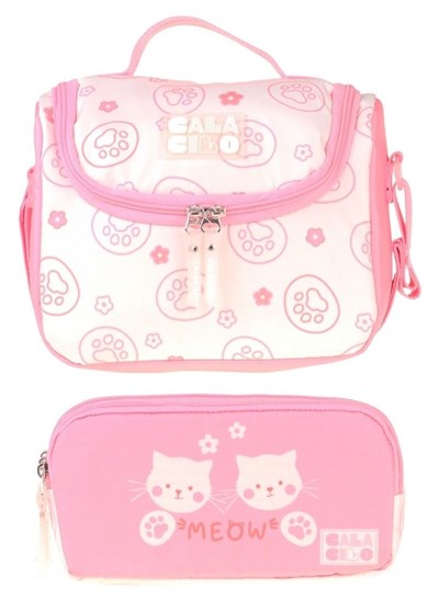 CalaCilo Kedi Baskılı Kız Çocuk Pembe Renk Beslenme Çantası ve Kalemlik Seti - SETCC-C4039