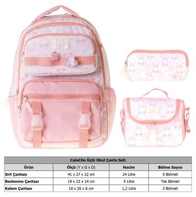 CalaCilo Kedi Baskılı Pembe Kız Çocuk Üçlü İlkokul Okul Çantası Seti - SETCC-C4050A