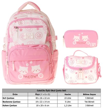 CalaCilo Kedi Baskılı Pembe Kız Çocuk Üçlü İlkokul Okul Çantası Seti - SETCC-C4038A