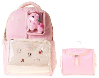 CalaCilo Kız Çocuk İlkokul Sırt Çantası ve Beslenme Seti - K-Pop Pink Pembe Peluş Aksesuarlı Pembe SETCC-C4107B