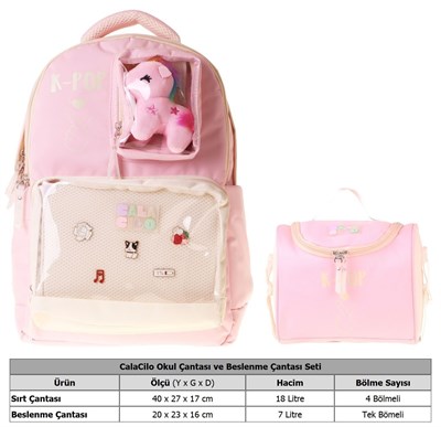 CalaCilo Kız Çocuk İlkokul Sırt Çantası ve Beslenme Seti - K-Pop Pink Pembe Peluş Aksesuarlı Pembe SETCC-C4107B