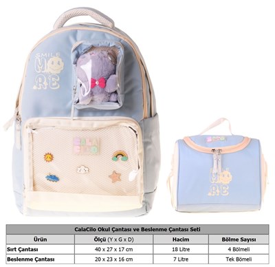 CalaCilo Kız Çocuk İlkokul Sırt Çantası ve Beslenme Seti - Turkuaz Smile Baskılı Turkuaz SETCC-C4110B