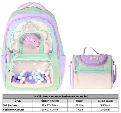 CalaCilo Kız Çocuk İlkokul Sırt Çantası ve Beslenme Seti - Rainbow Lila Yeşil Renkli Lila - Yeşil SETCC-C4089B