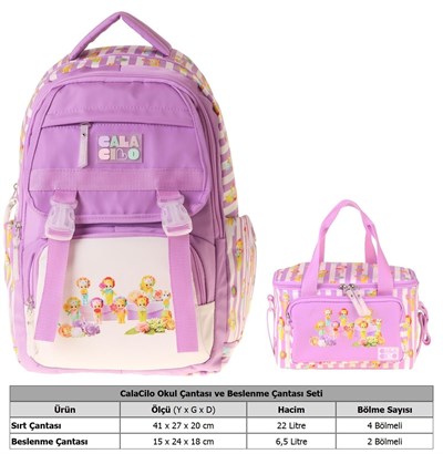 CalaCilo Kız Çocuk İlkokul Sırt Çantası ve Beslenme Seti - Flowers Baskılı Lila SETCC-C4071B