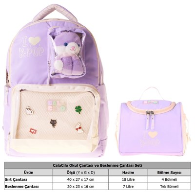 CalaCilo Kız Çocuk İlkokul Sırt Çantası ve Beslenme Seti - K-Pop Lilac Peluş Ayı Aksesuarlı Lila SETCC-C4104B