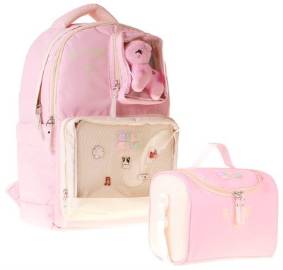 CalaCilo Kız Çocuk İlkokul Sırt Çantası ve Beslenme Seti - K-Pop Pink Pembe Peluş Aksesuarlı Pembe SETCC-C4107B