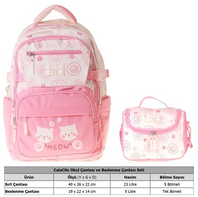 CalaCilo Kız Çocuk İlkokul Sırt Çantası ve Beslenme Seti - Kedi Baskılı Pembe SETCC-C4038B