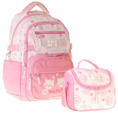CalaCilo Kız Çocuk İlkokul Sırt Çantası ve Beslenme Seti - Kedi Baskılı Pembe SETCC-C4038B