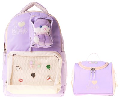 CalaCilo Kız Çocuk İlkokul Sırt Çantası ve Beslenme Seti - K-Pop Lilac Peluş Ayı Aksesuarlı Lila SETCC-C4104B
