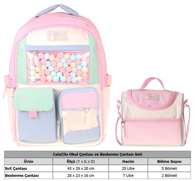 CalaCilo Kız Çocuk İlkokul Sırt Çantası ve Beslenme Seti - Scales Pompon Aksesuarlı Pembe - Yeşil SETCC-C4095B