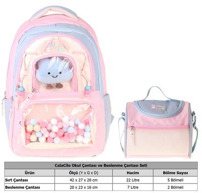 CalaCilo Kız Çocuk İlkokul Sırt Çantası ve Beslenme Seti - Cloudy Pembe Mavi Renkli Pembe - Mavi SETCC-C4086B