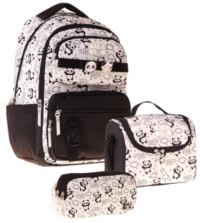 CalaCilo Panda Baskılı Siyah Kız Çocuk Üçlü İlkokul Okul Çantası Seti - SETCC-C4059A