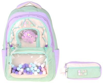 CalaCilo Rainbow Kız Çocuk Rainbow Lila Yeşil Renkli Okul Sırt Çantası ve Kalemlik Seti - SETCC-C4089C