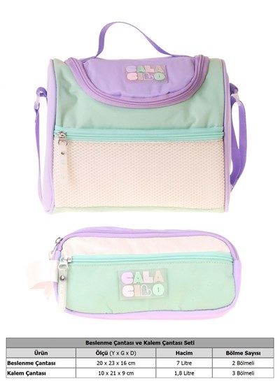 CalaCilo Rainbow Lila Yeşil Renkli Kız Çocuk Lila - Yeşil Renk Beslenme Çantası ve Kalemlik Seti - SETCC-C4090