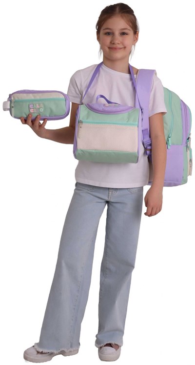 CalaCilo Rainbow Lila Yeşil Renkli Lila - Yeşil Kız Çocuk Üçlü İlkokul Okul Çantası Seti - SETCC-C4089A