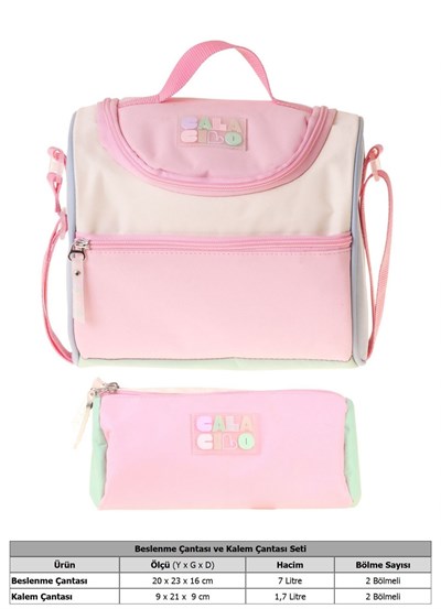 CalaCilo Scales Pembe Yeşil Renkli Kız Çocuk Pembe - Yeşil Renk Beslenme Çantası ve Kalemlik Seti - SETCC-C4096