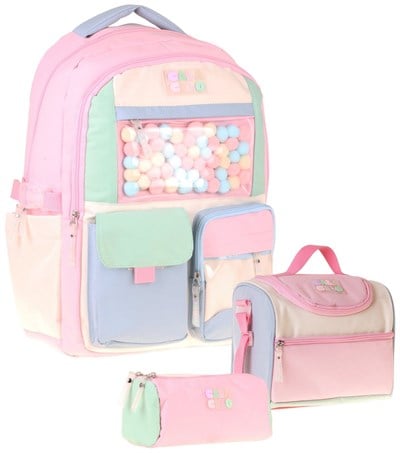 CalaCilo Scales Pompon Aksesuarlı Pembe - Yeşil Kız Çocuk Üçlü İlkokul Okul Çantası Seti - SETCC-C4095A
