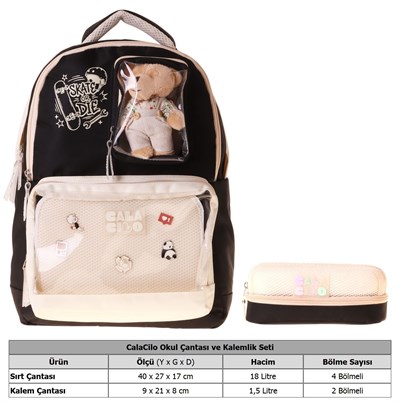 CalaCilo Skate Kız Çocuk Siyah Krem Paten Baskılı Okul Sırt Çantası ve Kalemlik Seti - SETCC-C4113C
