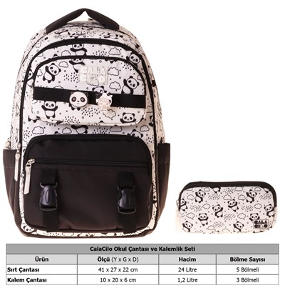 CalaCilo Sweet Kız Çocuk Panda Baskılı Okul Sırt Çantası ve Kalemlik Seti - SETCC-C4059C