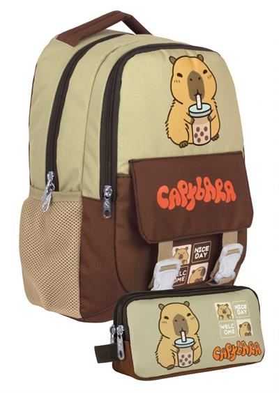Capybara Erkek Çocuk İlkokul Sırt Çantası ve İki Gözlü Kalemlik Seti - Kahverengi/Bej - SETCPB5200C