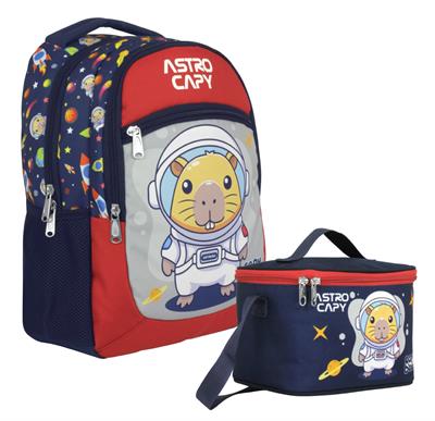 Capybara Erkek Çocuk Okul Sırt Çantası ve Beslenme Çantası Seti - Lacivert - Kırmızı - SETCPB5227B