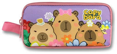 Capybara İki Bölmeli Çiçek ve Capybara Baskılı Mor - Pembe Kız Çocuk Kalem Çantası - 6205