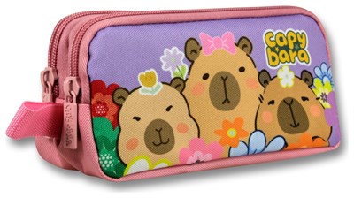 Capybara İki Bölmeli Çiçek ve Capybara Baskılı Mor - Pembe Kız Çocuk Kalem Çantası - 6205