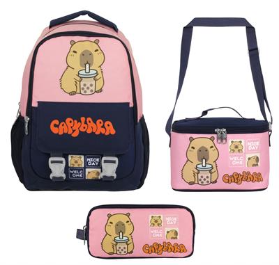 Capybara (Kız Çocuk - Lacivert - Pembe) İlkokul Üçlü Çanta Seti - SETCPB5203A