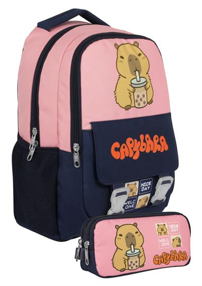 Capybara Kız Çocuk İlkokul Sırt Çantası ve İki Gözlü Kalemlik Seti - Lacivert - Pembe - SETCPB5203C