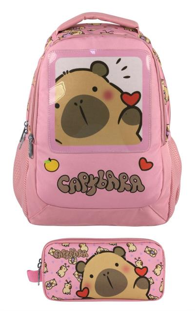Capybara Kız Çocuk İlkokul Sırt Çantası ve İki Gözlü Kalemlik Seti - Pembe - SETCPB5212C