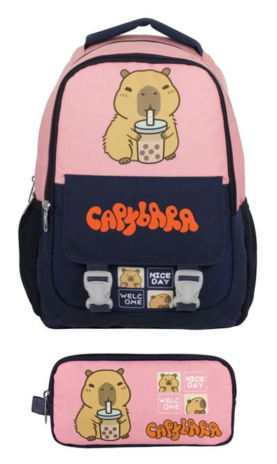 Capybara Kız Çocuk İlkokul Sırt Çantası ve İki Gözlü Kalemlik Seti - Lacivert - Pembe - SETCPB5203C
