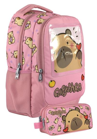 Capybara Kız Çocuk İlkokul Sırt Çantası ve İki Gözlü Kalemlik Seti - Pembe - SETCPB5212C