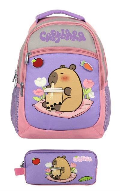 Capybara Kız Çocuk İlkokul Sırt Çantası ve İki Gözlü Kalemlik Seti - Mor - Pembe - SETCPB5233C