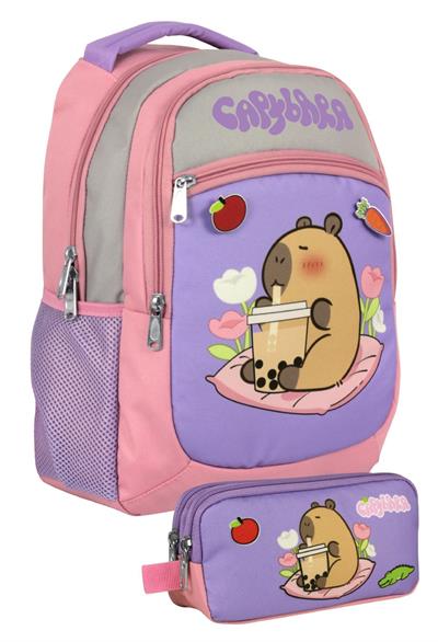 Capybara Kız Çocuk İlkokul Sırt Çantası ve İki Gözlü Kalemlik Seti - Mor - Pembe - SETCPB5233C