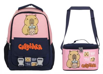 Capybara Kız Çocuk Okul Sırt Çantası ve Beslenme Çantası Seti - Lacivert - Pembe - SETCPB5203B