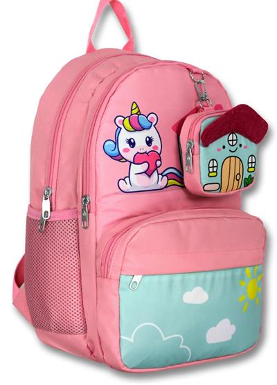 Cennec 5051 (Unicorn - Pembe Yeşil - Kız Çocuk) Okul Çantası - Sevimli Anahtarlık Dahil