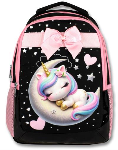 Cennec 5060 (Uykucu Unicorn - Siyah Pembe - Kız Çocuk) Okul Çantası - Kurdela Detaylı
