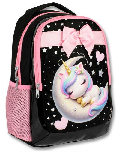Cennec 5060 (Uykucu Unicorn - Siyah Pembe - Kız Çocuk) Okul Çantası - Kurdela Detaylı