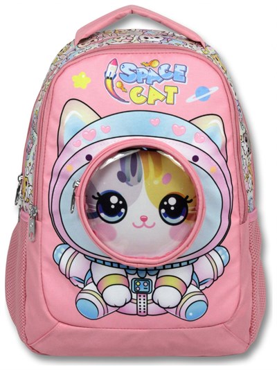 Cennec (Pembe - Beyaz) Kız Çocuk Astronot Kedi Baskılı İlkokul Okul Sırt Çantası - 6003