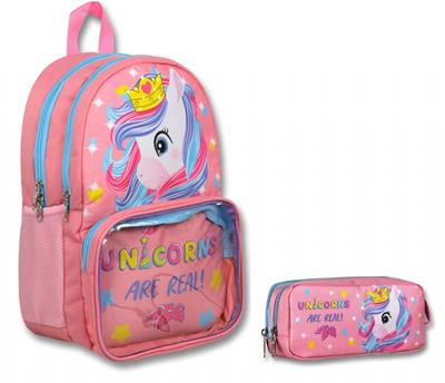 Cennec Şeffaf Bölmeli Pembe Unicorn İlkokul Sırt Çantası ve Kalemlik Seti - Kız Çocuk