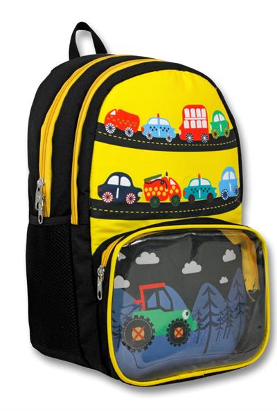 Cennec Şeffaf Bölmeli Sarı Siyah Taşıtlar İlkokul Sırt Çantası ve Beslenme Çantası Seti