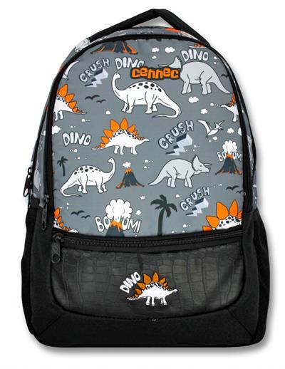 Cennec Siyah Gri Dinazor İlkokul  Okul Çantası  - Üç Bölmeli Sırt Çantası